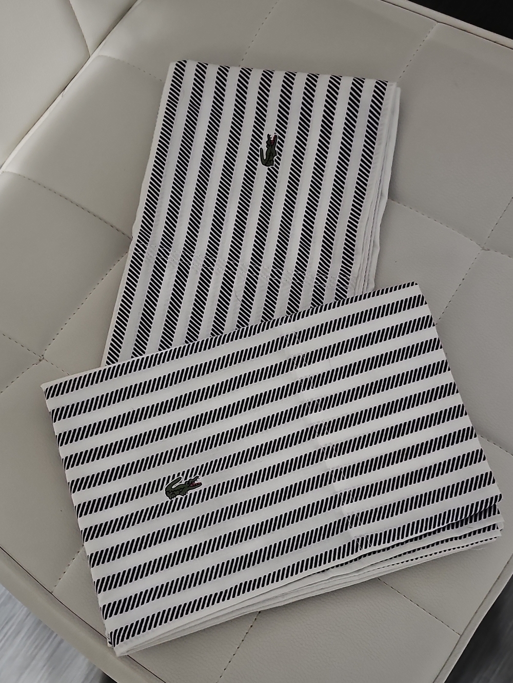 Lacoste Navy and White Striped Cotton Pillowcases with Crocodile Tag